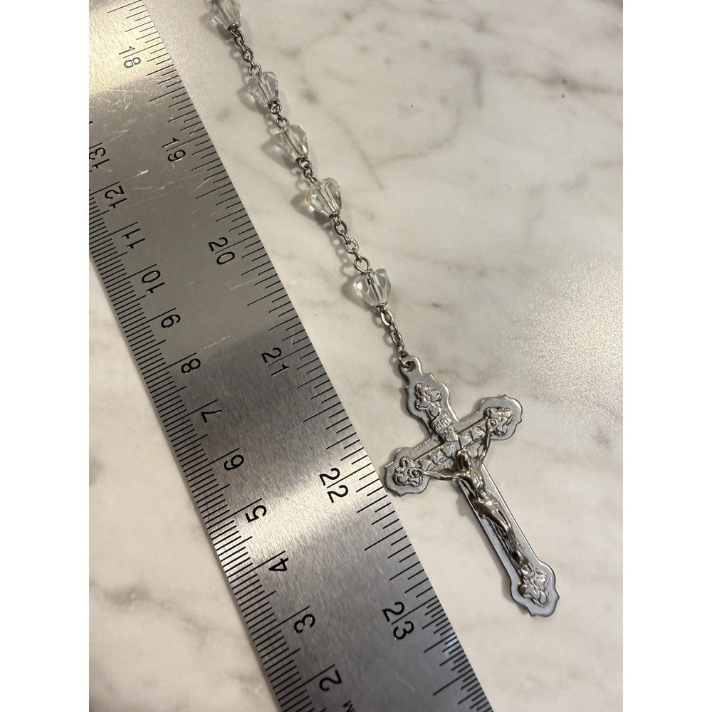 Vintage Catholic Clear Faceted Glass Bead Rosary Silver Tone Cross 23.5" long - Picture 5 of 5